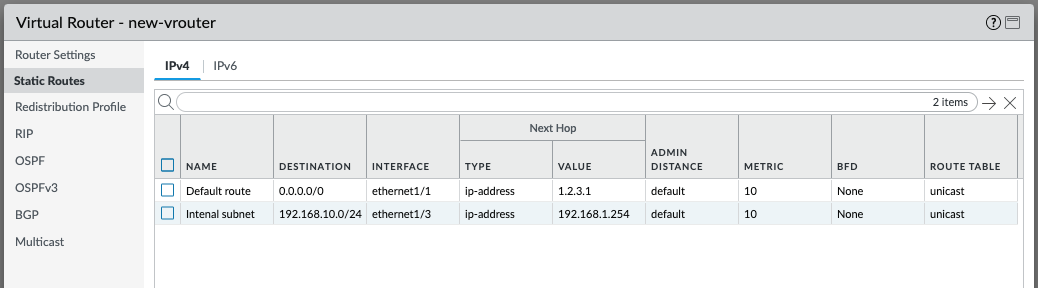 image of PAN-OS GUI with virtual router and static routes